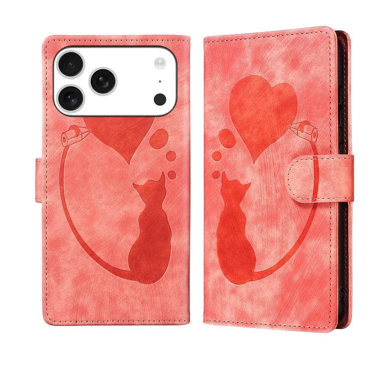 Étui de téléphone en cuir gaufré stylo cœur chat, Pour iPhone 17 Pro Max, Pour iPhone 17 Pro, Pour iPhone 17, Pour iPhone Air, Pour iPhone 15 Pro Max, Pour iPhone 15 Pro, Pour iPhone 15 Plus, Pour iPhone 15