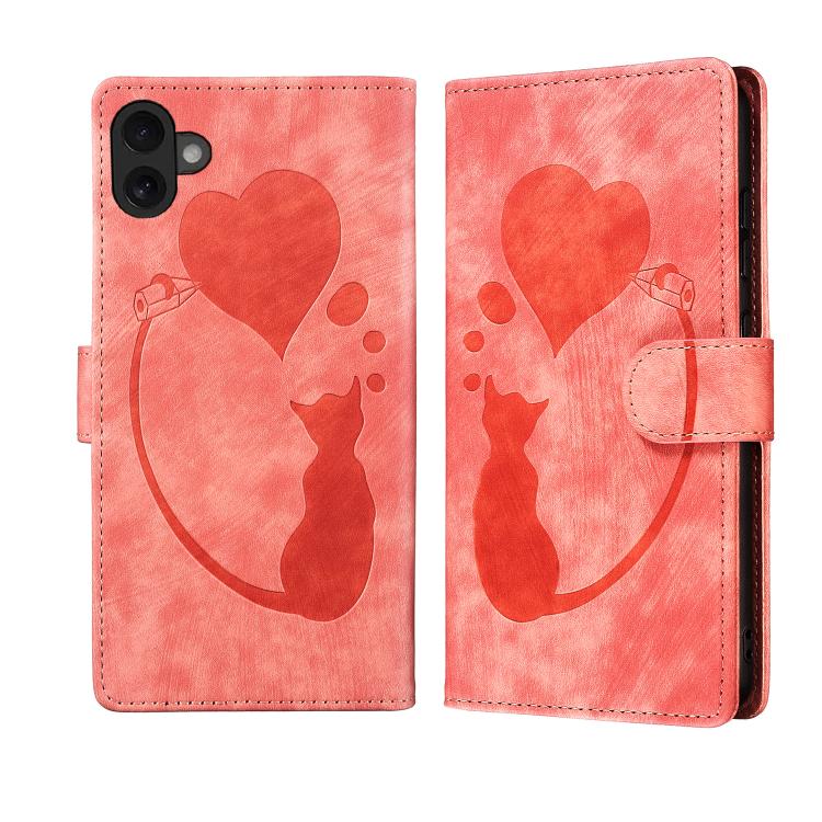 Étui de téléphone en cuir gaufré stylo cœur chat, Pour iPhone 17 Pro Max, Pour iPhone 17 Pro, Pour iPhone 17, Pour iPhone Air, Pour iPhone 15 Pro Max, Pour iPhone 15 Pro, Pour iPhone 15 Plus, Pour iPhone 15