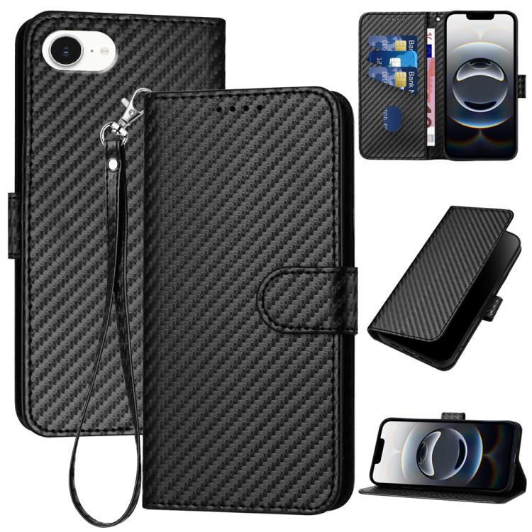 YX0070 Étui de téléphone en cuir avec boucle en fibre de carbone et cordon, Pour iPhone 17e / 16e, Pour iPhone 17 Pro Max, Pour iPhone 17 Pro, Pour iPhone 17, Pour iPhone Air, Pour iPhone 16 Pro Max