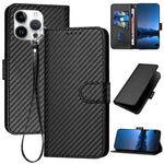 YX0070 Étui de téléphone en cuir avec boucle en fibre de carbone et cordon, Pour iPhone 16 Pro, Pour iPhone 16 Plus, Pour iPhone 16, Pour iPhone 15 Pro Max, Pour iPhone 15 Pro, Pour iPhone 15 Plus