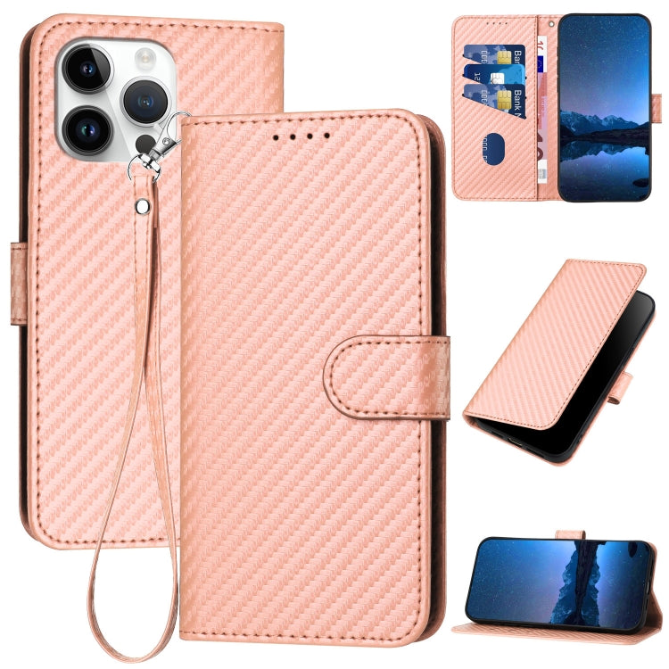 YX0070 Étui de téléphone en cuir avec boucle en fibre de carbone et cordon, Pour iPhone 16 Pro, Pour iPhone 16 Plus, Pour iPhone 16, Pour iPhone 15 Pro Max, Pour iPhone 15 Pro, Pour iPhone 15 Plus