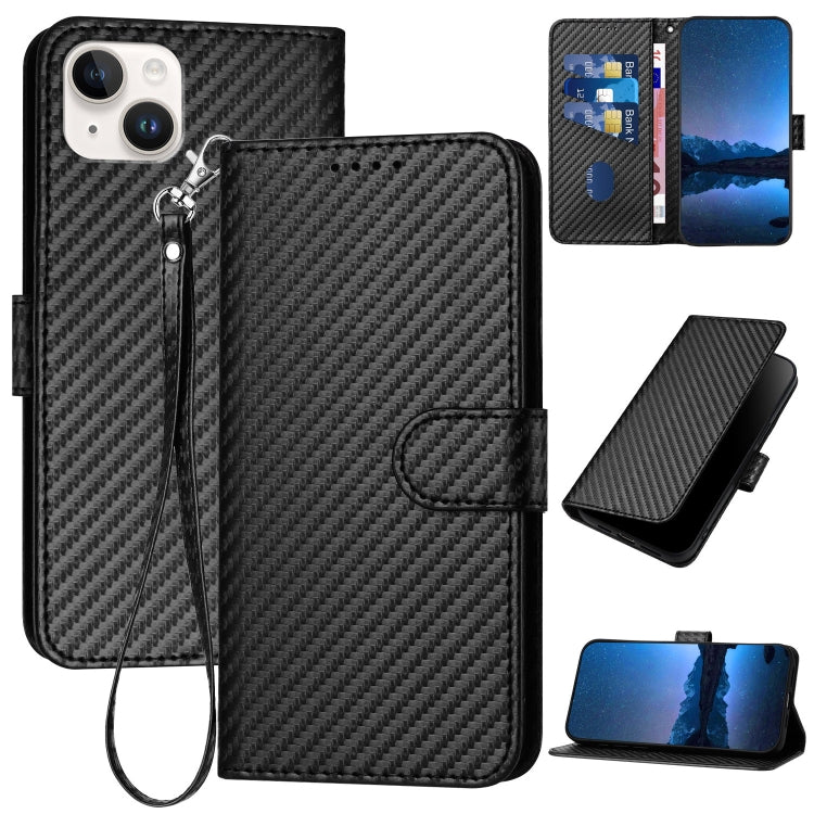 YX0070 Étui de téléphone en cuir avec boucle en fibre de carbone et cordon, Pour iPhone 16 Pro, Pour iPhone 16 Plus, Pour iPhone 16, Pour iPhone 15 Pro Max, Pour iPhone 15 Pro, Pour iPhone 15 Plus