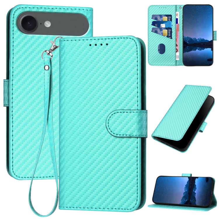 YX0070 Étui de téléphone en cuir avec boucle en fibre de carbone et cordon, Pour iPhone 17e / 16e, Pour iPhone 17 Pro Max, Pour iPhone 17 Pro, Pour iPhone 17, Pour iPhone Air, Pour iPhone 16 Pro Max