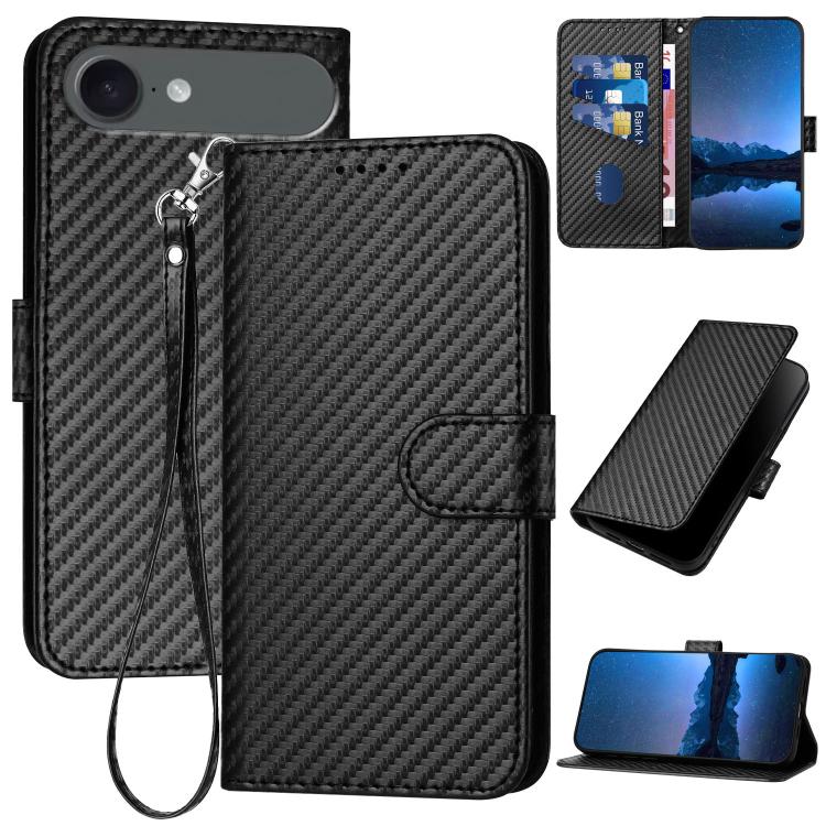 YX0070 Étui de téléphone en cuir avec boucle en fibre de carbone et cordon, Pour iPhone 17e / 16e, Pour iPhone 17 Pro Max, Pour iPhone 17 Pro, Pour iPhone 17, Pour iPhone Air, Pour iPhone 16 Pro Max