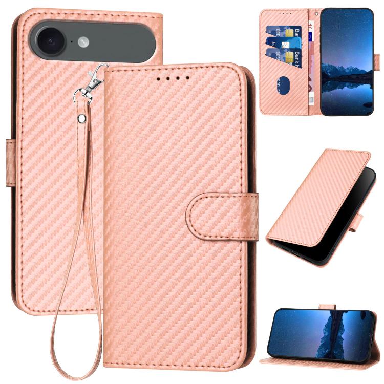 YX0070 Étui de téléphone en cuir avec boucle en fibre de carbone et cordon, Pour iPhone 17e / 16e, Pour iPhone 17 Pro Max, Pour iPhone 17 Pro, Pour iPhone 17, Pour iPhone Air, Pour iPhone 16 Pro Max