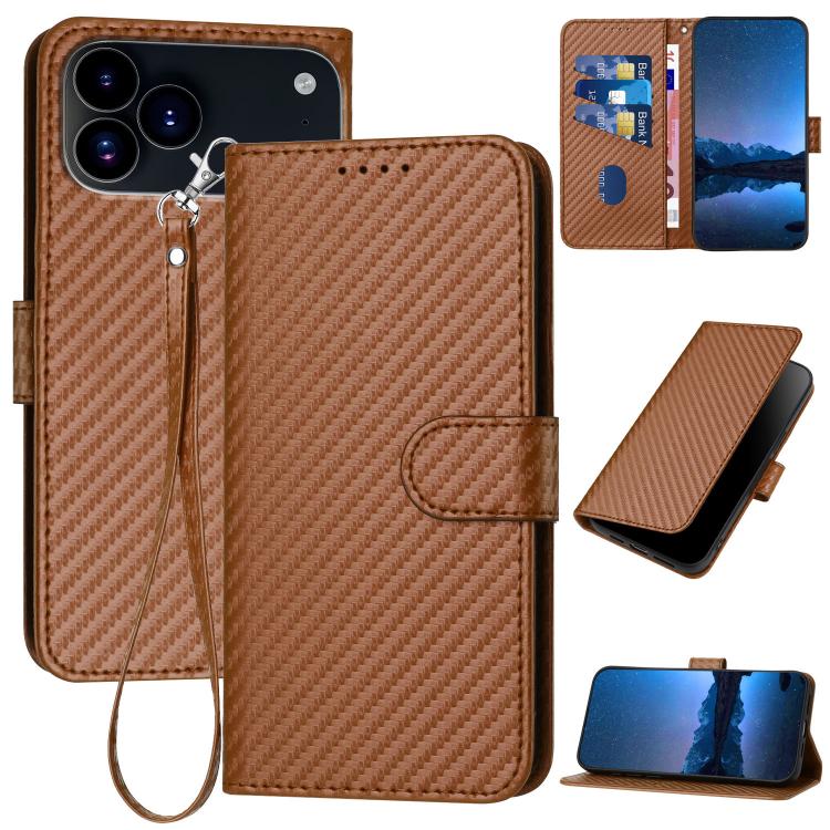YX0070 Étui de téléphone en cuir avec boucle en fibre de carbone et cordon, Pour iPhone 17e / 16e, Pour iPhone 17 Pro Max, Pour iPhone 17 Pro, Pour iPhone 17, Pour iPhone Air, Pour iPhone 16 Pro Max