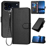 YX0070 Étui de téléphone en cuir avec boucle en fibre de carbone et cordon, Pour iPhone 17e / 16e, Pour iPhone 17 Pro Max, Pour iPhone 17 Pro, Pour iPhone 17, Pour iPhone Air, Pour iPhone 16 Pro Max