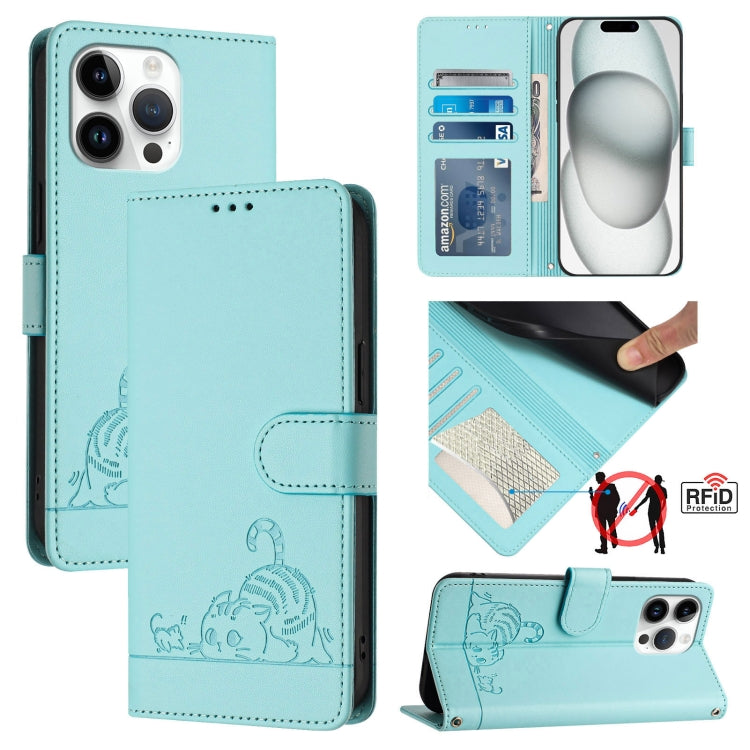 Étui en cuir gaufré motif chat et rat avec blocage RFID et cordon, pour iPhone 17 Pro Max, pour iPhone 17 Pro, pour iPhone 17, pour iPhone Air, pour iPhone SE 2024, pour iPhone 15 Pro Max, pour iPhone 15 Pro, pour iPhone 15 Plus
