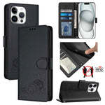Étui en cuir gaufré motif chat et rat avec blocage RFID et cordon, pour iPhone 17 Pro Max, pour iPhone 17 Pro, pour iPhone 17, pour iPhone Air, pour iPhone SE 2024, pour iPhone 15 Pro Max, pour iPhone 15 Pro, pour iPhone 15 Plus