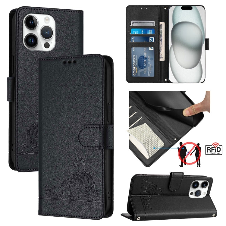 Étui en cuir gaufré motif chat et rat avec blocage RFID et cordon, pour iPhone 17 Pro Max, pour iPhone 17 Pro, pour iPhone 17, pour iPhone Air, pour iPhone SE 2024, pour iPhone 15 Pro Max, pour iPhone 15 Pro, pour iPhone 15 Plus