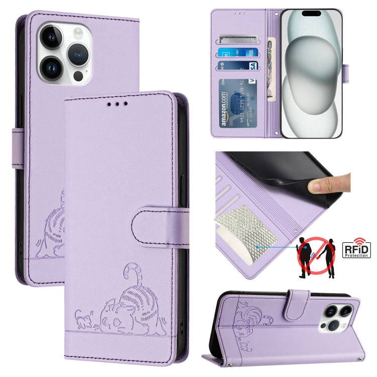 Étui en cuir gaufré motif chat et rat avec blocage RFID et cordon, pour iPhone 17 Pro Max, pour iPhone 17 Pro, pour iPhone 17, pour iPhone Air, pour iPhone SE 2024, pour iPhone 15 Pro Max, pour iPhone 15 Pro, pour iPhone 15 Plus