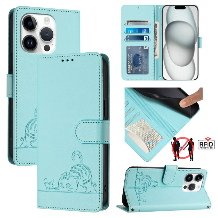 Étui en cuir gaufré motif chat et rat avec blocage RFID et cordon, pour iPhone 17 Pro Max, pour iPhone 17 Pro, pour iPhone 17, pour iPhone Air, pour iPhone SE 2024, pour iPhone 15 Pro Max, pour iPhone 15 Pro, pour iPhone 15 Plus