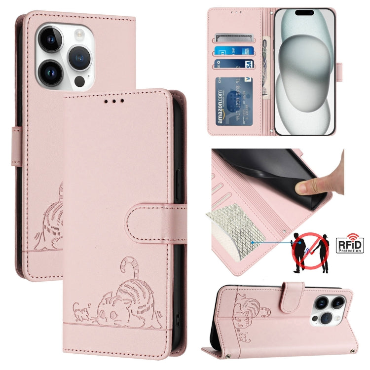 Étui en cuir gaufré motif chat et rat avec blocage RFID et cordon, pour iPhone 17 Pro Max, pour iPhone 17 Pro, pour iPhone 17, pour iPhone Air, pour iPhone SE 2024, pour iPhone 15 Pro Max, pour iPhone 15 Pro, pour iPhone 15 Plus