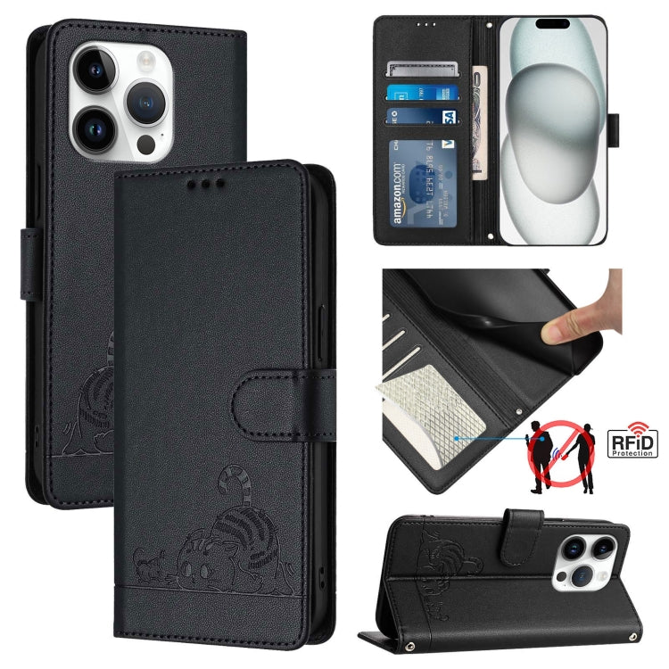 Étui en cuir gaufré motif chat et rat avec blocage RFID et cordon, pour iPhone 17 Pro Max, pour iPhone 17 Pro, pour iPhone 17, pour iPhone Air, pour iPhone SE 2024, pour iPhone 15 Pro Max, pour iPhone 15 Pro, pour iPhone 15 Plus