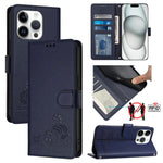 Étui en cuir gaufré motif chat et rat avec blocage RFID et cordon, pour iPhone 17 Pro Max, pour iPhone 17 Pro, pour iPhone 17, pour iPhone Air, pour iPhone SE 2024, pour iPhone 15 Pro Max, pour iPhone 15 Pro, pour iPhone 15 Plus