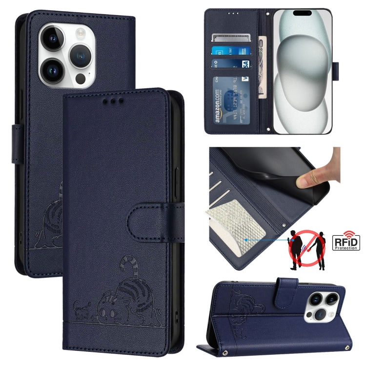 Étui en cuir gaufré motif chat et rat avec blocage RFID et cordon, pour iPhone 17 Pro Max, pour iPhone 17 Pro, pour iPhone 17, pour iPhone Air, pour iPhone SE 2024, pour iPhone 15 Pro Max, pour iPhone 15 Pro, pour iPhone 15 Plus