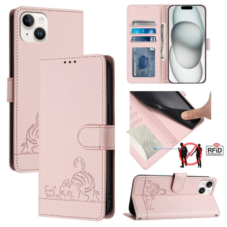 Étui en cuir gaufré motif chat et rat avec blocage RFID et cordon, pour iPhone 17 Pro Max, pour iPhone 17 Pro, pour iPhone 17, pour iPhone Air, pour iPhone SE 2024, pour iPhone 15 Pro Max, pour iPhone 15 Pro, pour iPhone 15 Plus