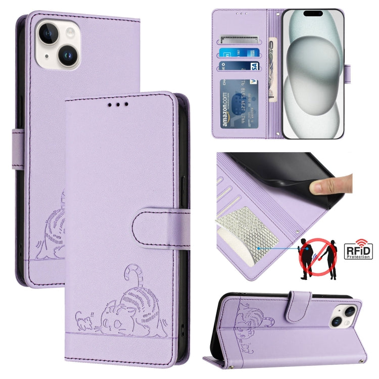 Étui en cuir gaufré motif chat et rat avec blocage RFID et cordon, pour iPhone 17 Pro Max, pour iPhone 17 Pro, pour iPhone 17, pour iPhone Air, pour iPhone SE 2024, pour iPhone 15 Pro Max, pour iPhone 15 Pro, pour iPhone 15 Plus