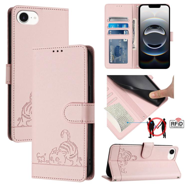 Étui en cuir gaufré motif chat et rat avec blocage RFID et cordon, pour iPhone 17 Pro Max, pour iPhone 17 Pro, pour iPhone 17, pour iPhone Air, pour iPhone SE 2024, pour iPhone 15 Pro Max, pour iPhone 15 Pro, pour iPhone 15 Plus