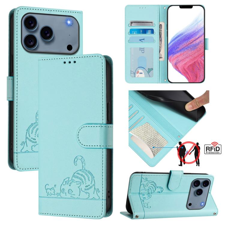 Étui en cuir gaufré motif chat et rat avec blocage RFID et cordon, pour iPhone 17 Pro Max, pour iPhone 17 Pro, pour iPhone 17, pour iPhone Air, pour iPhone SE 2024, pour iPhone 15 Pro Max, pour iPhone 15 Pro, pour iPhone 15 Plus