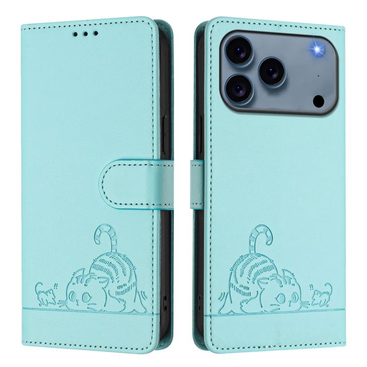 Étui en cuir gaufré motif chat et rat avec blocage RFID et cordon, pour iPhone 17 Pro Max, pour iPhone 17 Pro, pour iPhone 17, pour iPhone Air, pour iPhone SE 2024, pour iPhone 15 Pro Max, pour iPhone 15 Pro, pour iPhone 15 Plus