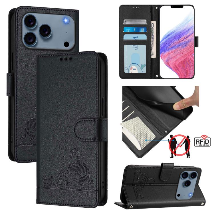 Étui en cuir gaufré motif chat et rat avec blocage RFID et cordon, pour iPhone 17 Pro Max, pour iPhone 17 Pro, pour iPhone 17, pour iPhone Air, pour iPhone SE 2024, pour iPhone 15 Pro Max, pour iPhone 15 Pro, pour iPhone 15 Plus