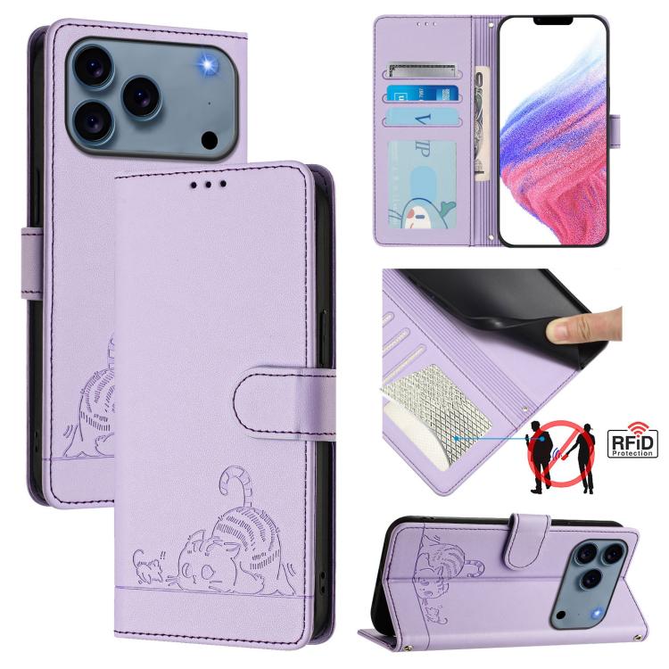 Étui en cuir gaufré motif chat et rat avec blocage RFID et cordon, pour iPhone 17 Pro Max, pour iPhone 17 Pro, pour iPhone 17, pour iPhone Air, pour iPhone SE 2024, pour iPhone 15 Pro Max, pour iPhone 15 Pro, pour iPhone 15 Plus