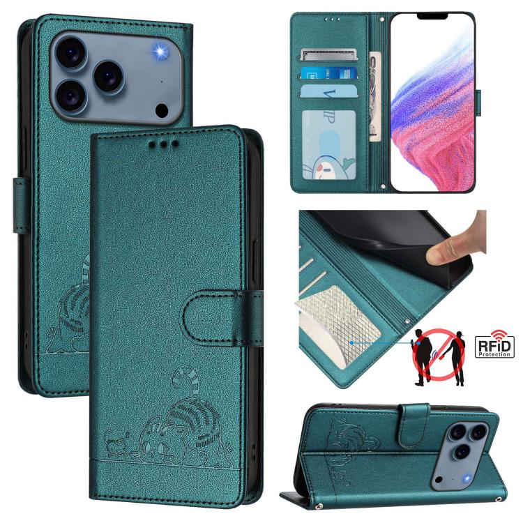 Étui en cuir gaufré motif chat et rat avec blocage RFID et cordon, pour iPhone 17 Pro Max, pour iPhone 17 Pro, pour iPhone 17, pour iPhone Air, pour iPhone SE 2024, pour iPhone 15 Pro Max, pour iPhone 15 Pro, pour iPhone 15 Plus