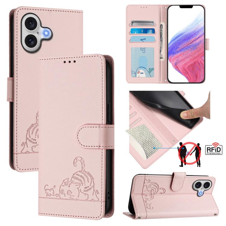 Étui en cuir gaufré motif chat et rat avec blocage RFID et cordon, pour iPhone 17 Pro Max, pour iPhone 17 Pro, pour iPhone 17, pour iPhone Air, pour iPhone SE 2024, pour iPhone 15 Pro Max, pour iPhone 15 Pro, pour iPhone 15 Plus