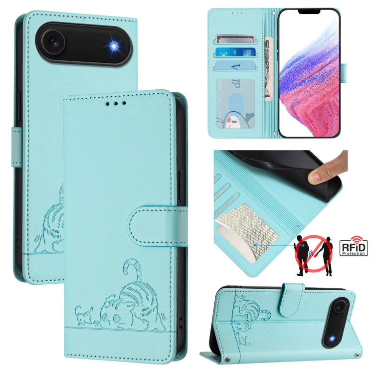 Étui en cuir gaufré motif chat et rat avec blocage RFID et cordon, pour iPhone 17 Pro Max, pour iPhone 17 Pro, pour iPhone 17, pour iPhone Air, pour iPhone SE 2024, pour iPhone 15 Pro Max, pour iPhone 15 Pro, pour iPhone 15 Plus