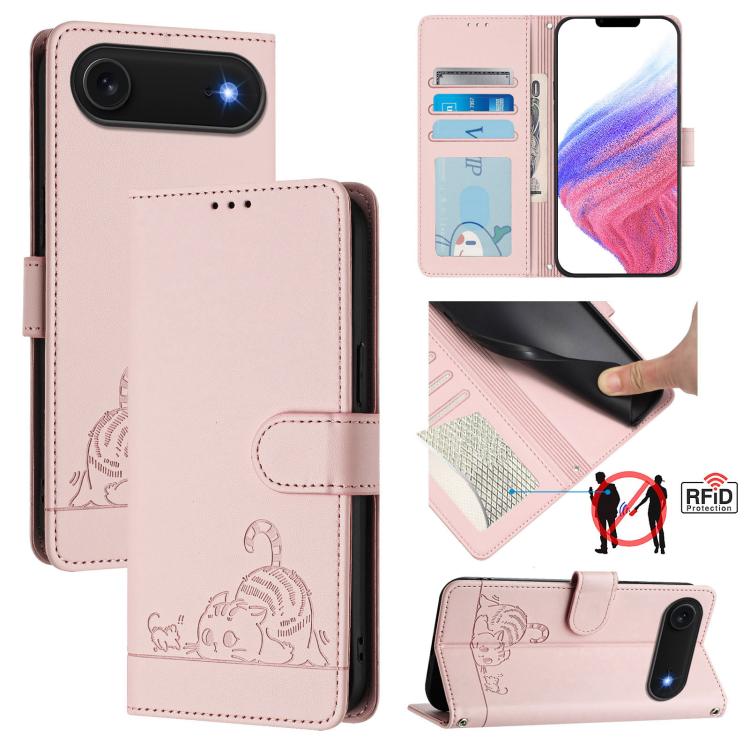 Étui en cuir gaufré motif chat et rat avec blocage RFID et cordon, pour iPhone 17 Pro Max, pour iPhone 17 Pro, pour iPhone 17, pour iPhone Air, pour iPhone SE 2024, pour iPhone 15 Pro Max, pour iPhone 15 Pro, pour iPhone 15 Plus