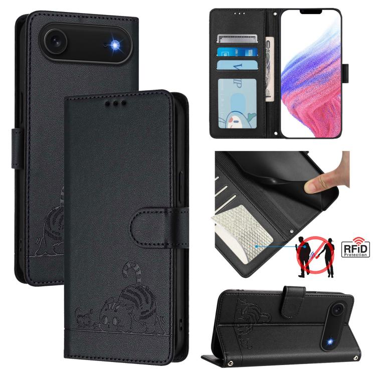 Étui en cuir gaufré motif chat et rat avec blocage RFID et cordon, pour iPhone 17 Pro Max, pour iPhone 17 Pro, pour iPhone 17, pour iPhone Air, pour iPhone SE 2024, pour iPhone 15 Pro Max, pour iPhone 15 Pro, pour iPhone 15 Plus