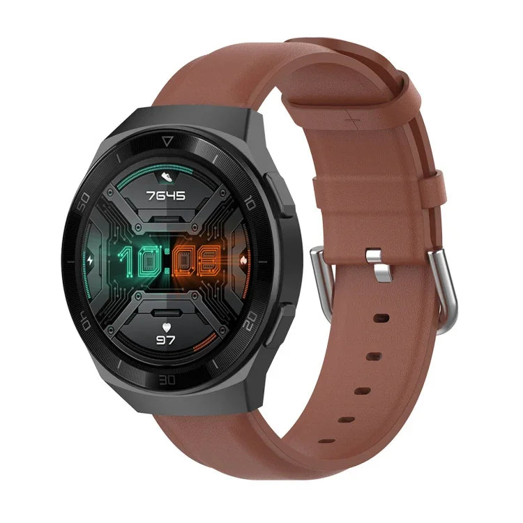 22mm Leather Strap with Round Tail Buckle, For Ticwatch Pro 2020, For Huawei Watch GT2E, For Samsung Galaxy Watch 3 45mm
