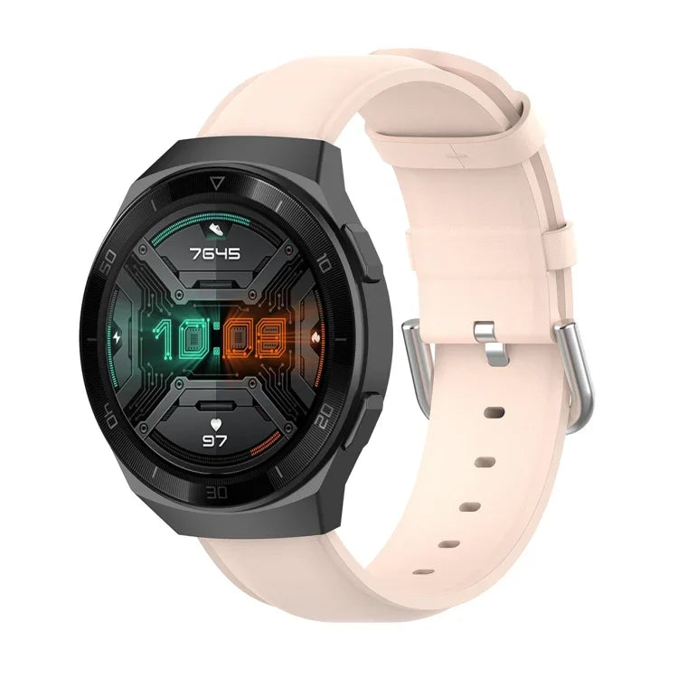 22mm Leather Strap with Round Tail Buckle, For Ticwatch Pro 2020, For Huawei Watch GT2E, For Samsung Galaxy Watch 3 45mm