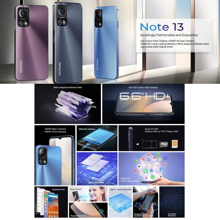 HOTWAV Note 13, lecteur d'empreintes digitales latéral, écran 6,6 pouces, Android 13, processeur octa-core T606 jusqu'à 1,6 GHz, réseau : 4G, OTG, 4 Go de RAM + 128 Go de stockage
