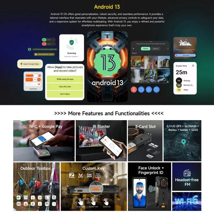 Ulefone Armor 26 Ultra, téléphone ultra-résistant, écran 6,78 pouces, Android 13, processeur octa-core MediaTek Dimensity 8020, réseau : 5G, NFC, 12 Go + 512 Go