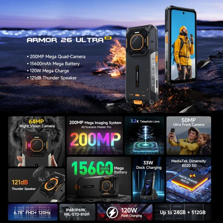 Ulefone Armor 26 Ultra, téléphone ultra-résistant, écran 6,78 pouces, Android 13, processeur octa-core MediaTek Dimensity 8020, réseau : 5G, NFC, 12 Go + 512 Go
