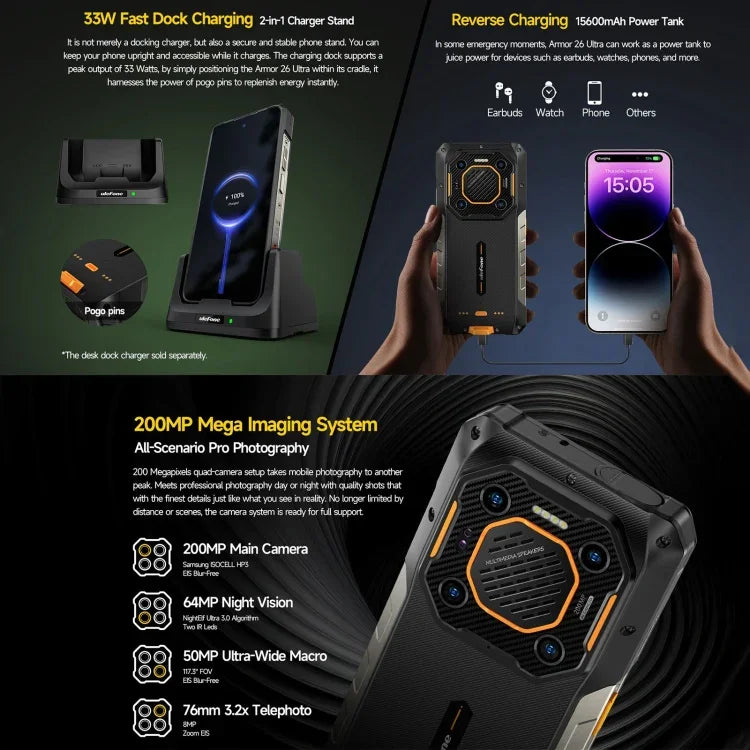 Ulefone Armor 26 Ultra, téléphone ultra-résistant, écran 6,78 pouces, Android 13, processeur octa-core MediaTek Dimensity 8020, réseau : 5G, NFC, 12 Go + 512 Go