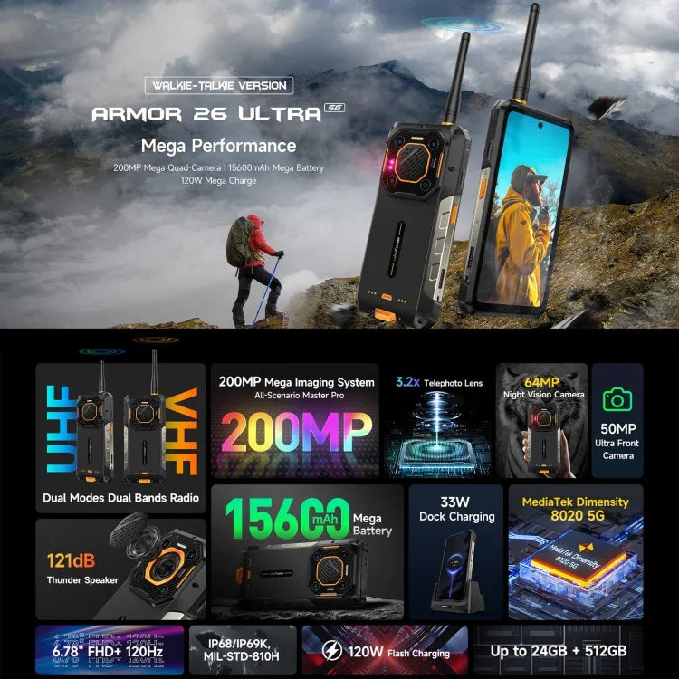 Ulefone Armor 26 Ultra, version talkie-walkie, téléphone robuste, écran 6,78 pouces, Android 13, processeur octa-core MediaTek Dimensity 8020, réseau 5G, NFC, 12 Go + 512 Go (version talkie-walkie).