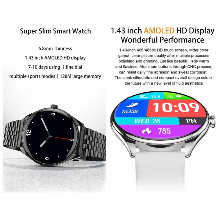 Montre connectée MT55 avec écran AMOLED HD de 1,43 pouce, ultra-fine, fonction appels et santé, bracelet en silicone