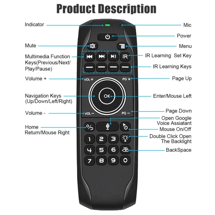 Souris aérienne G7V Pro 2,4 GHz avec rétroéclairage LED, clavier et télécommande sans fil avec gyroscope pour boîtier TV Android/PC, compatible avec la commande vocale intelligente.