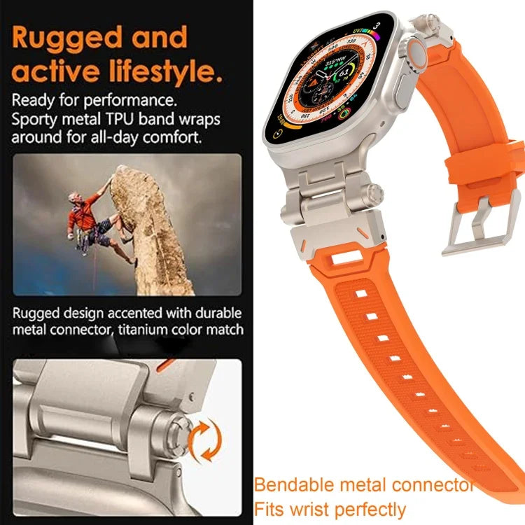 Bracelet de montre en TPU avec connecteurs en acier inoxydable, compatible avec Apple Watch Series 9 45 mm et Apple Watch Ultra 49 mm.
