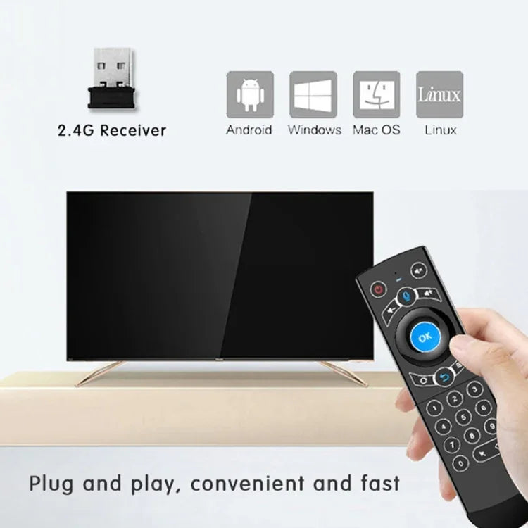 Souris aérienne G21 2,4 GHz avec clavier rétroéclairé LED, télécommande sans fil et gyroscope pour boîtier TV Android/PC, compatible avec la commande vocale intelligente, orange.
