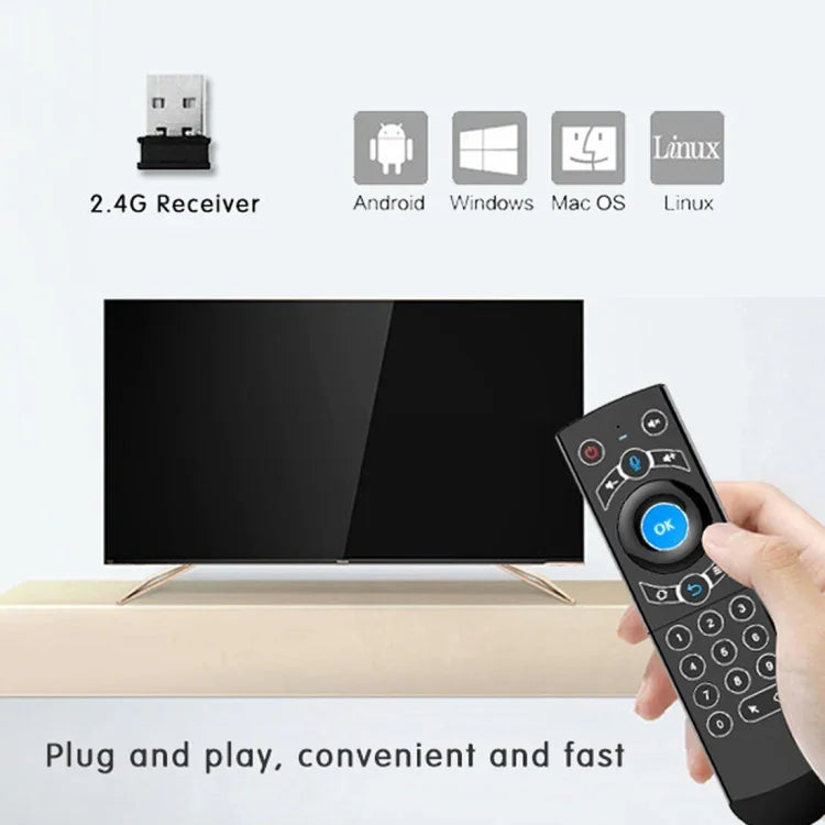 Souris aérienne G21 2,4 GHz avec clavier rétroéclairé LED, télécommande sans fil et gyroscope pour boîtier TV Android/PC, compatible avec la commande vocale intelligente, bleu