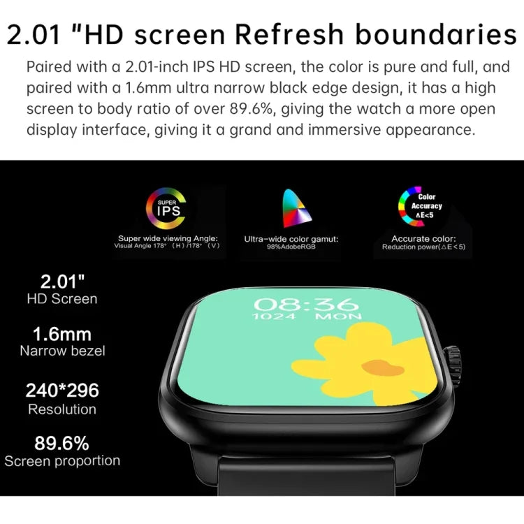 Montre connectée Y80 avec écran IPS HD de 2,01 pouces, compatible avec les appels Bluetooth et le suivi de la santé