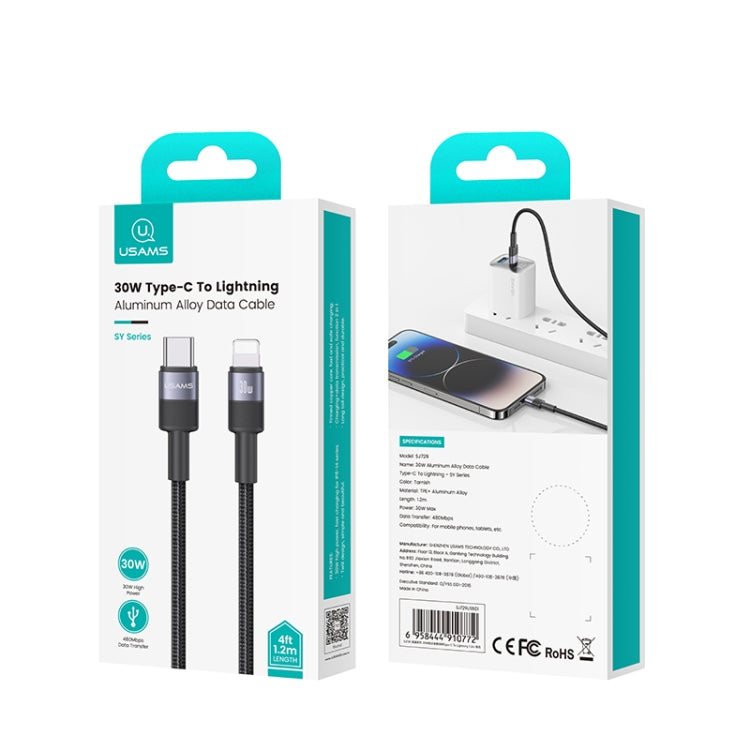 Câble de données en alliage d'aluminium USAMS SJ729 30W USB-C/Type-C vers 8 broches, longueur : 1,2m, SJ729