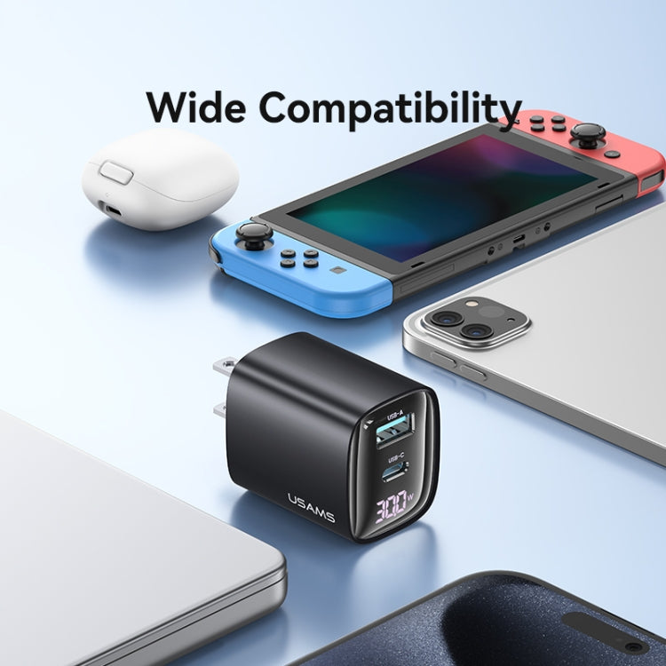 Chargeur double port USB+USB-C / Type-C USAMS CC230 30W GaN avec affichage numérique, Spécifications : prise US, CC230