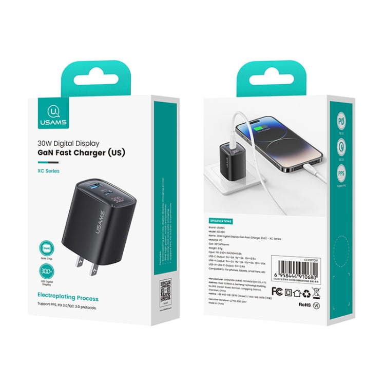 Chargeur double port USB+USB-C / Type-C USAMS CC230 30W GaN avec affichage numérique, Spécifications : prise US, CC230