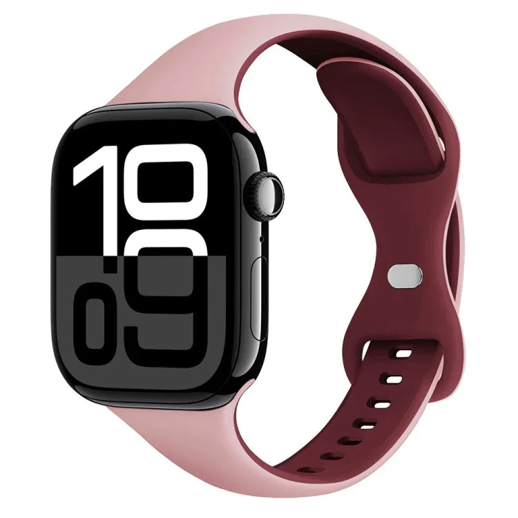 Bracelet de montre en silicone bicolore fin avec boucle papillon, compatible avec Apple Watch Series 10 46 mm, Apple Watch Series 10 42 mm, Apple Watch SE 2023 44 mm, Apple Watch SE 2023 40 mm, Apple Watch Ultra 2 49 mm et Apple Watch Series 9 45 mm.