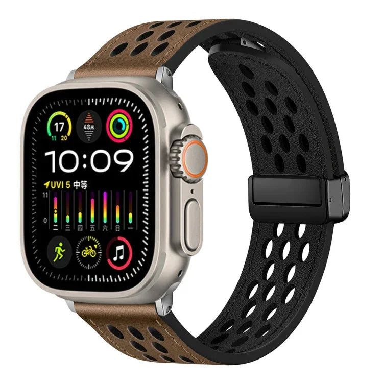 Bracelet de montre en cuir PU avec boucle déployante style trou, pour Apple Watch Ultra 49 mm